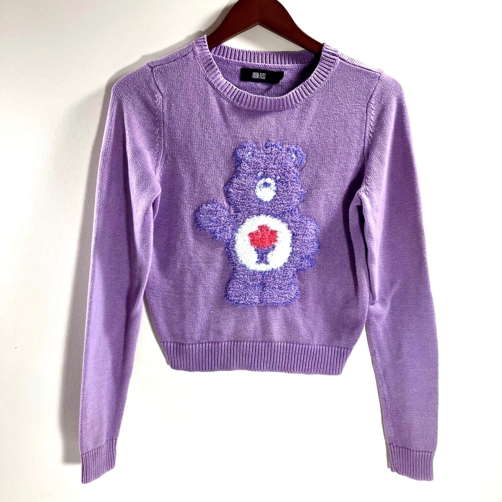 Iron Fist Care Bears Sweater Purple Share Bear Fuzzy Patch Knit Top Small - Picture 2 of 10